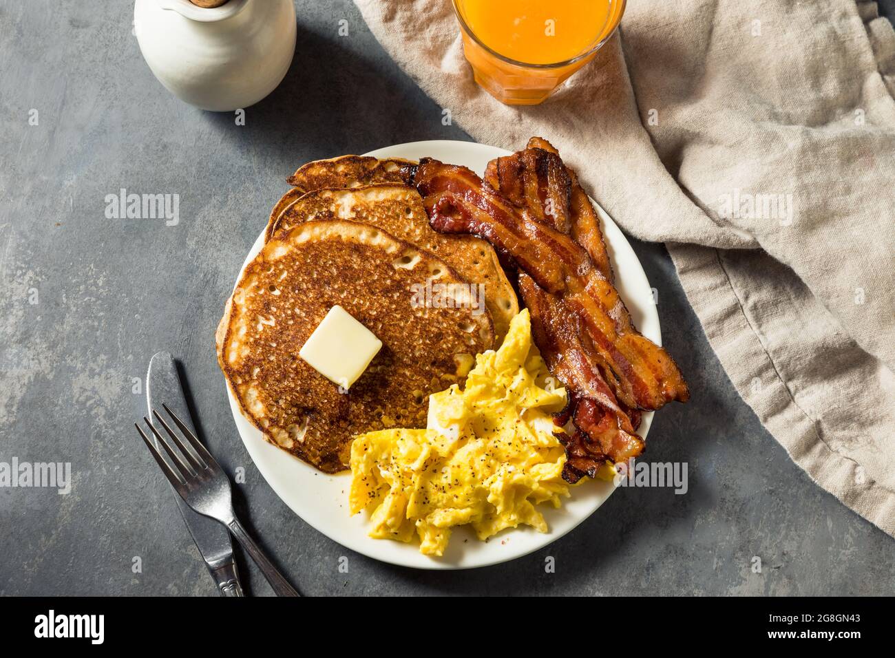Homemade American Pancake Breakfast with Eggs and Bacon Stock Photo Alamy