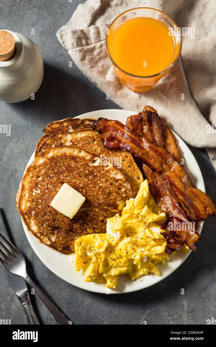Homemade American Pancake Breakfast with Eggs and Bacon Stock Photo Alamy