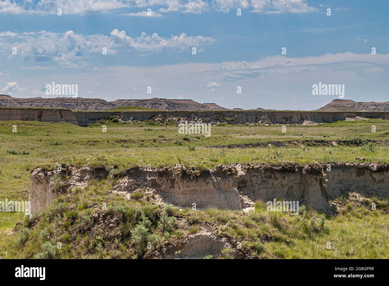 Badlands National Park, SD, USA - June 1, 2008: Closeup of small white-gray geologic table in green prairie with bigger such ridge on horizon under bl Stock Photo