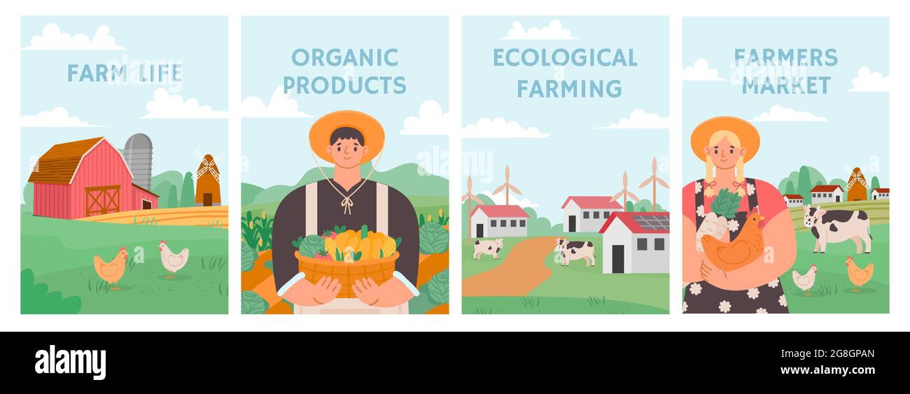 Farm posters. Agriculture field, agronomy and stock concept. Farmers grow organic nature food. Farm market, agricultural business vector set Stock Vector