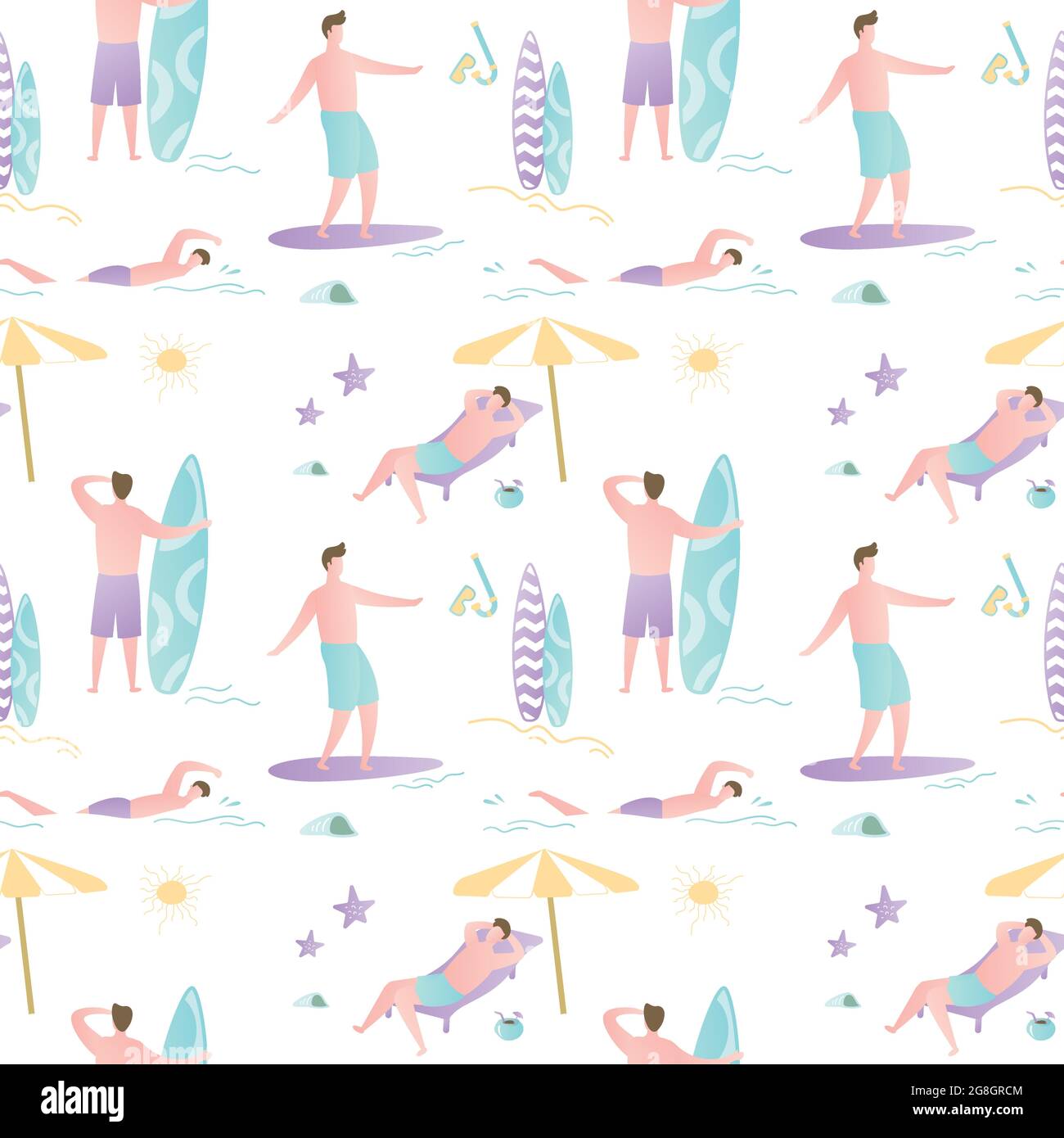 Summer time seamless pattern,texture with guys on beach,active male characters.Trendy style vector illustration Stock Vector