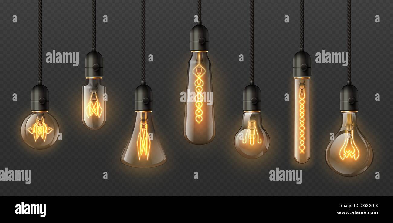 Realistic edison light bulbs. 3d retro hanging steampunk lamps with  incandescent lightbulb. Electrical decorative glowing pendant vector set  Stock Vector Image & Art - Alamy