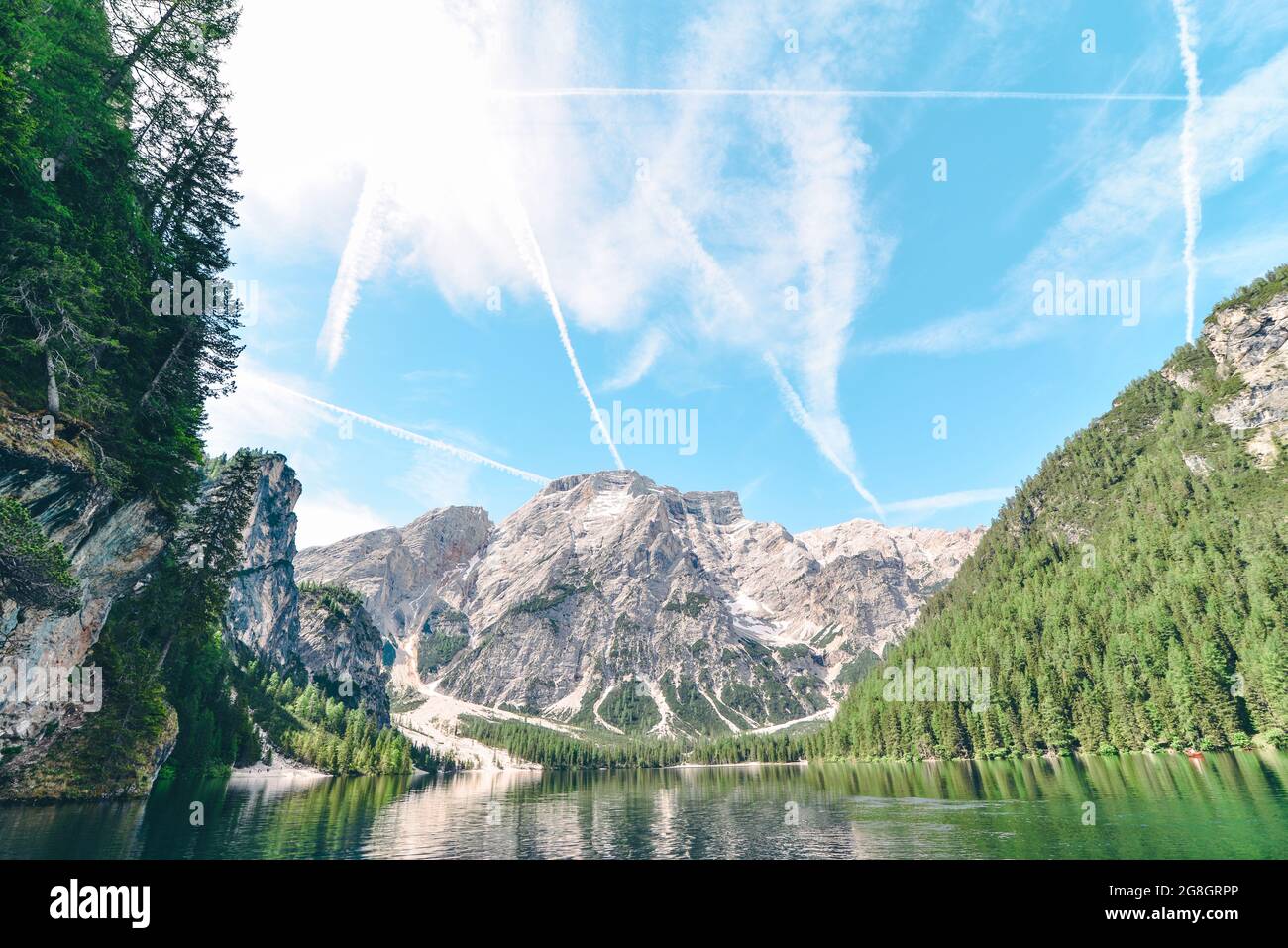 landscape view of alpine lake summer time. reflection in water surface ...