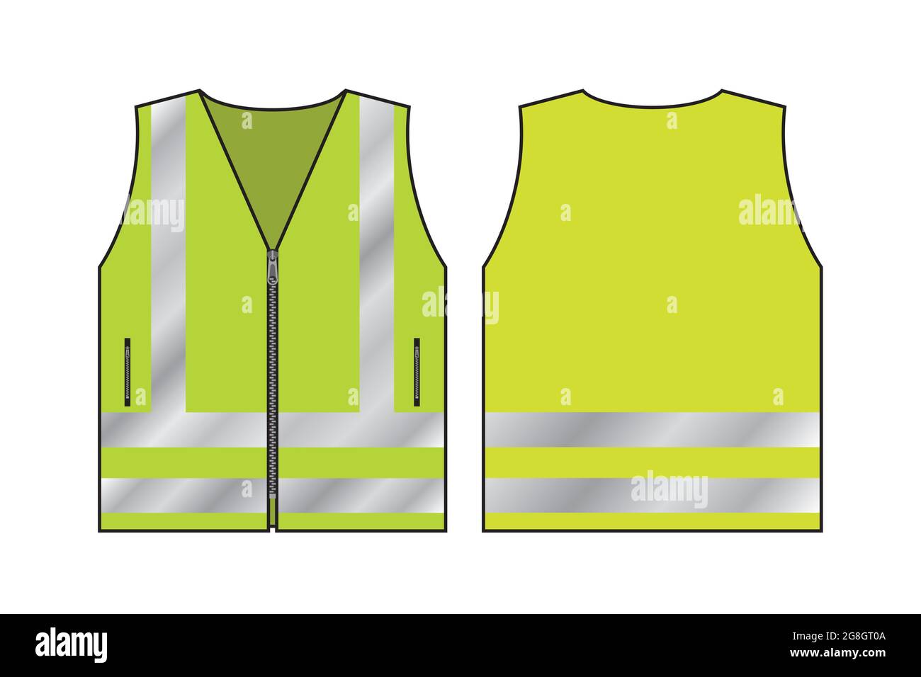 Yellow reflective safety vest for people,front and back view uniform template,isolated on white background,flat vector illustration. Stock Vector