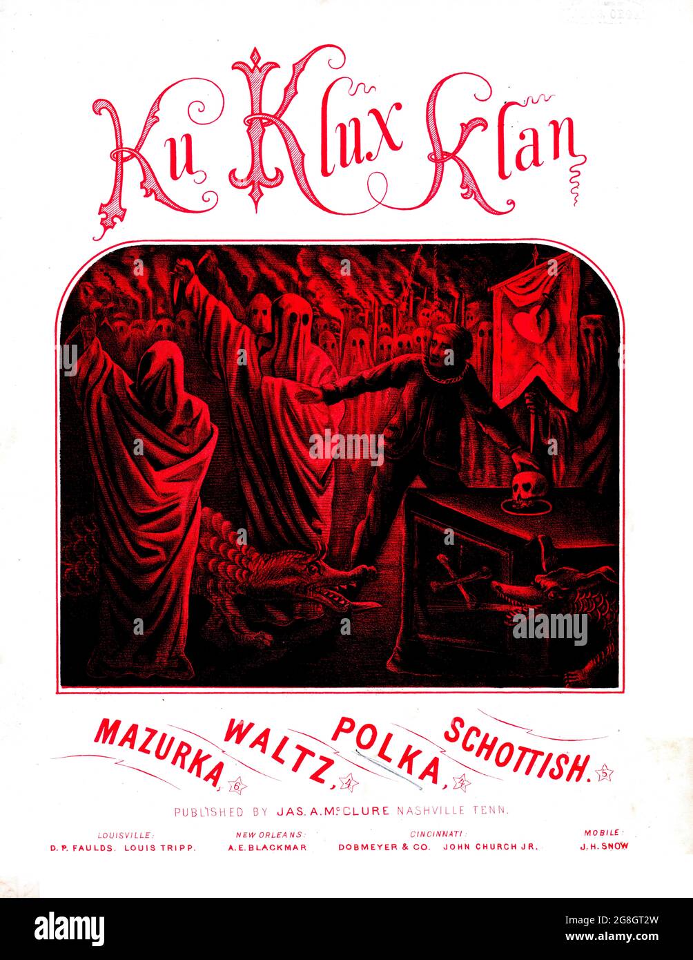 Ku Klux Klan Polka, 1868 super rare sheet music  color lithography of ex-confederate hooded Klansmen Stock Photo