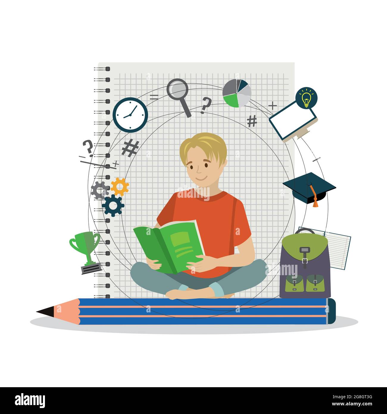 Happy european schoolboy with big pencil and school bag,notebook page and signs,cute male teenager read book,Learning concept,flat vector illustration Stock Vector