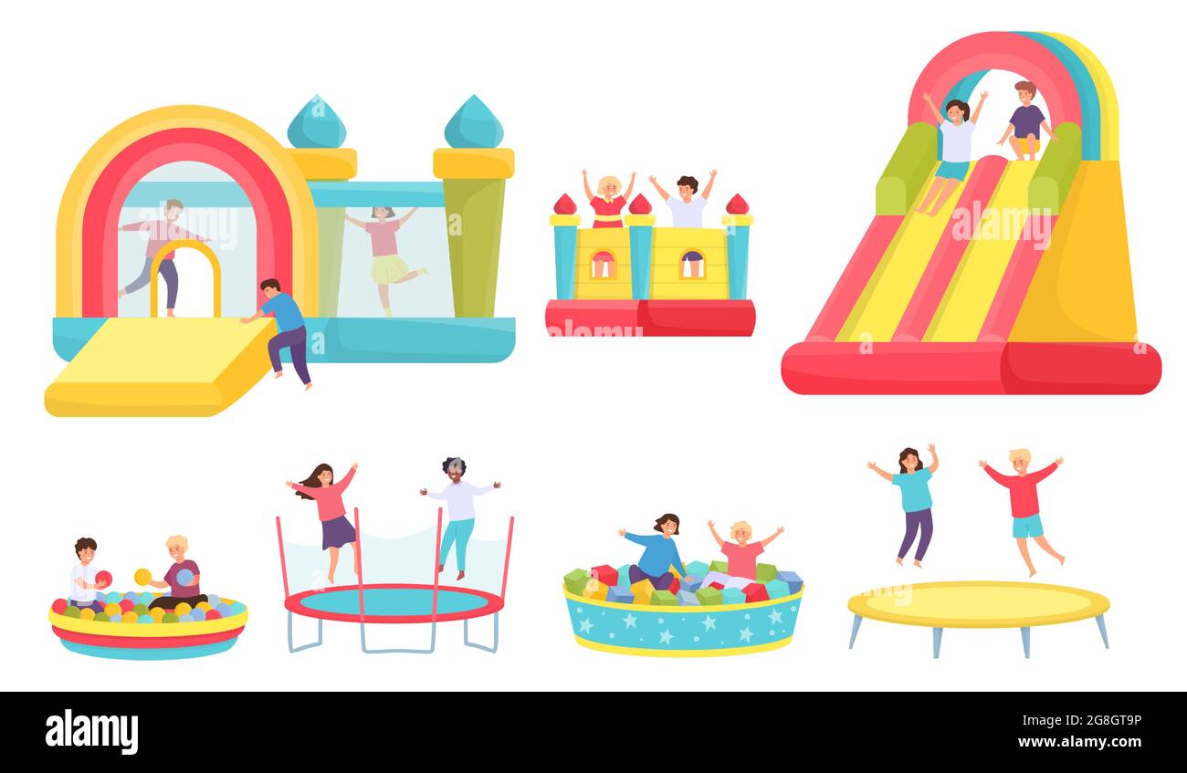 Children jumping on trampolines. Cartoon boys and girls in bouncy castle  and inflatable trampoline. Kids in soft pool with balls vector set Stock  Vector Image & Art - Alamy