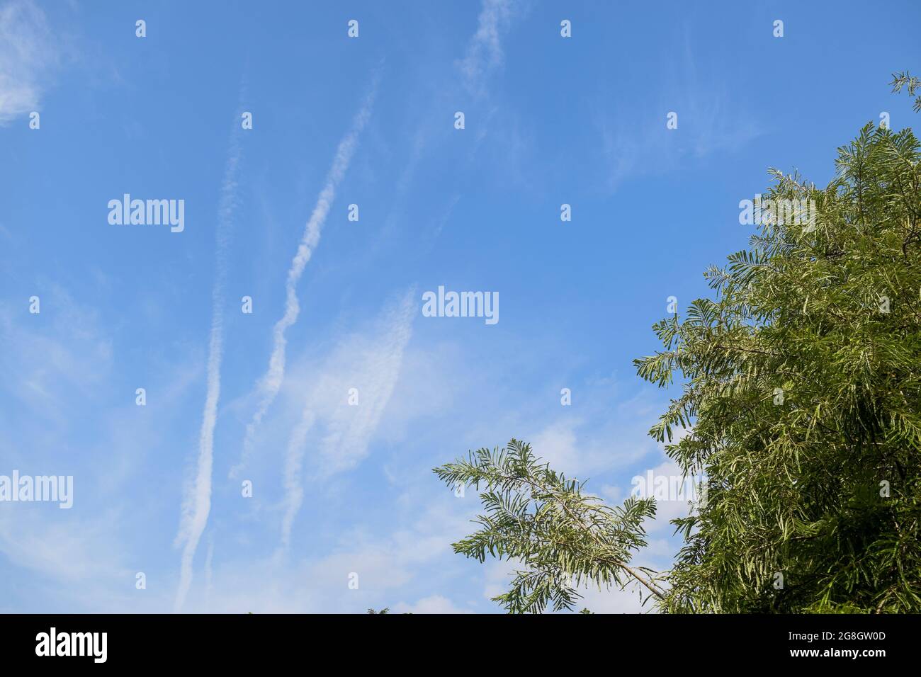 Jet plane contrails or air vapor smoke type trails seen in clear light blue sky from home. Jet plane in sky Stock Photo