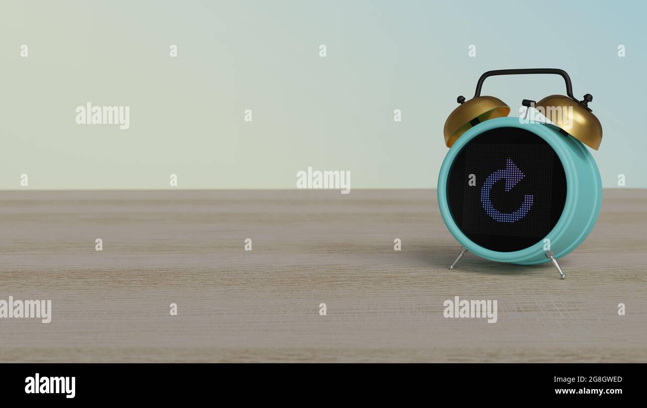 3d rendering of color alarm clock with counterclockwise symbol of ...