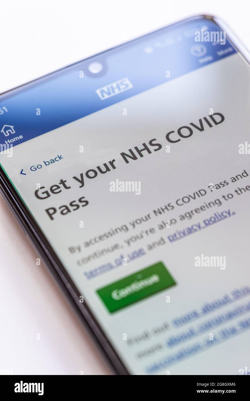 NHS COVID Pass App / passport app to prove an individual's Covid 19 status, England, UK Stock Photo