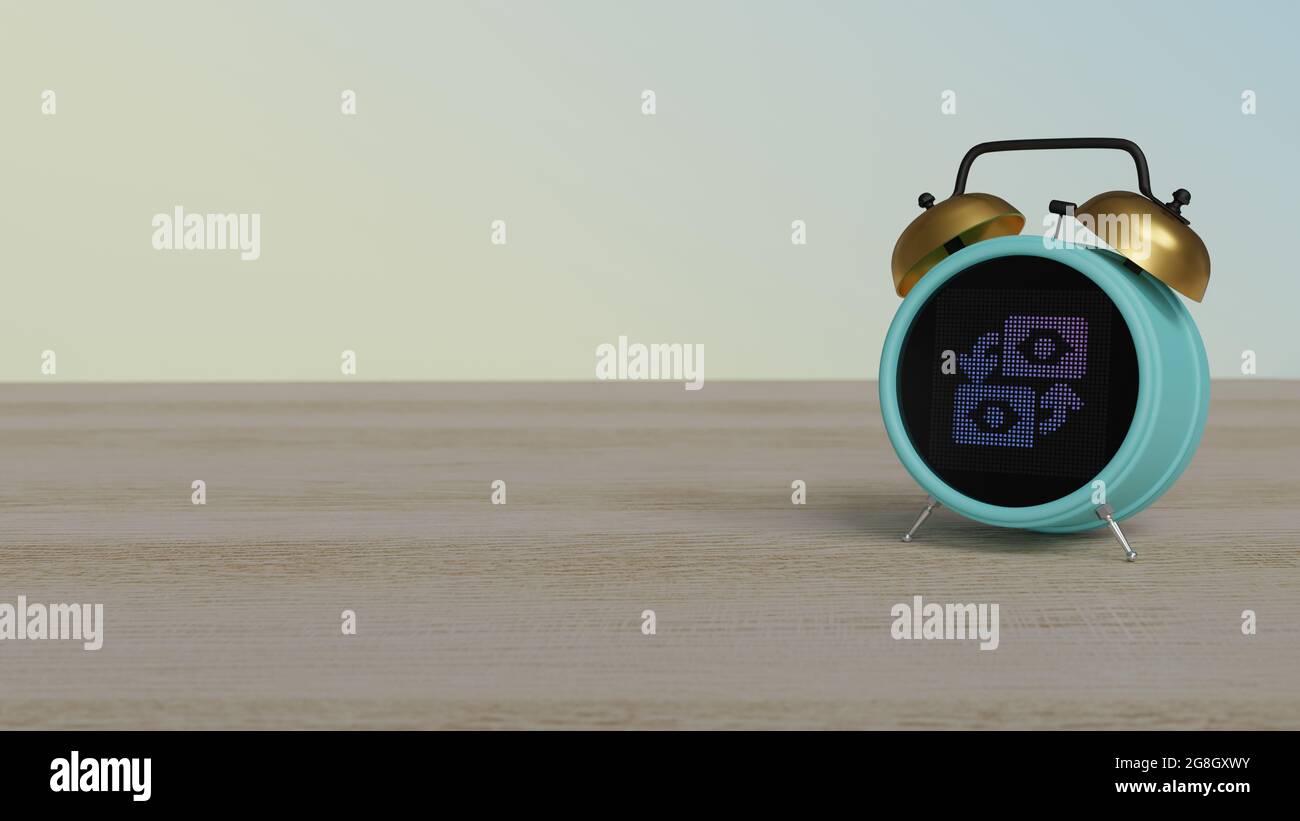 3d rendering of color alarm clock with symbol of banknotes and arrows ...