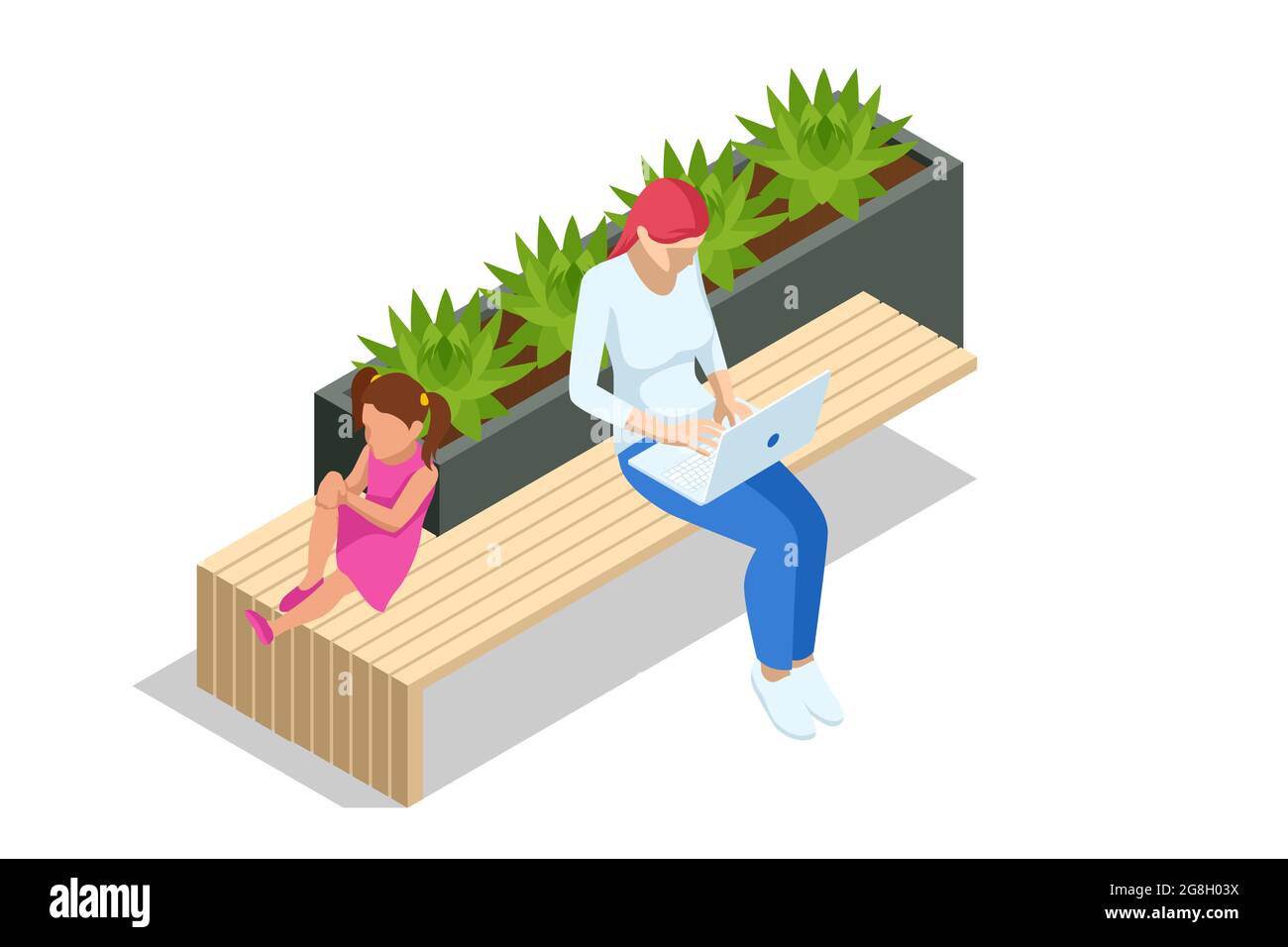 Isometric eco modern street bench vector for web design isolated on white. A modern bench with a flower bed in a city park. City improvement, urban Stock Vector