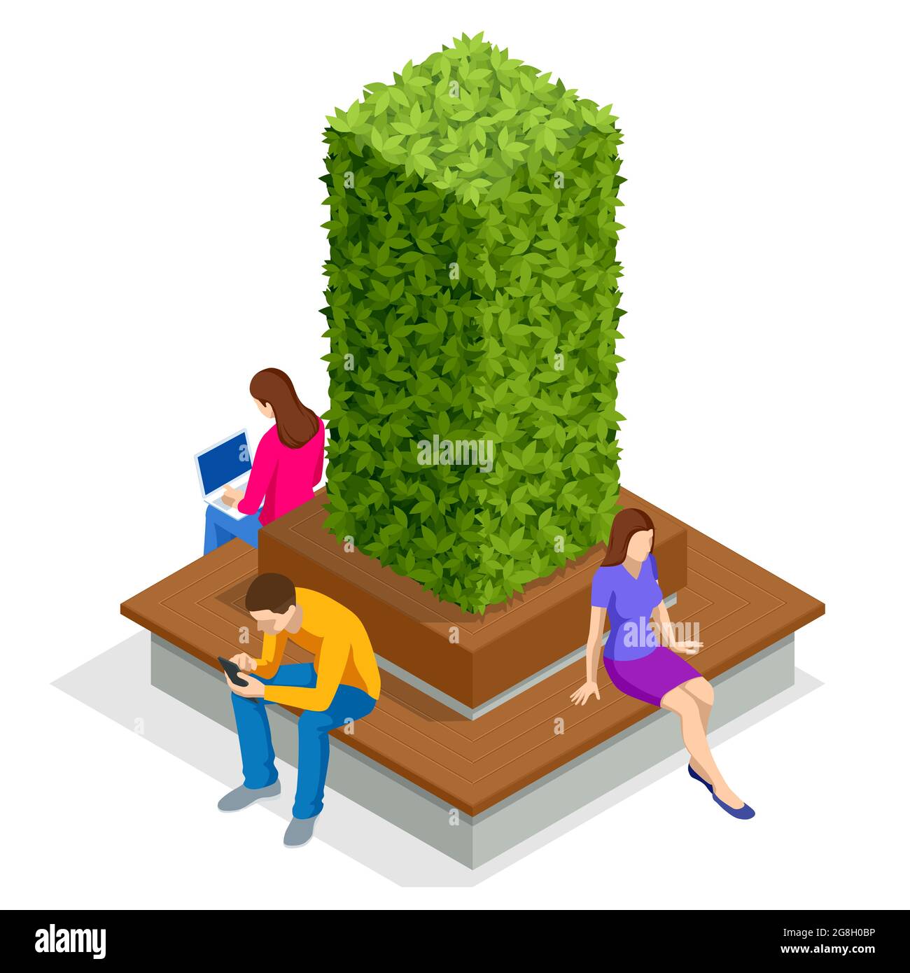Isometric eco modern street bench vector for web design isolated on white. A modern bench with a flower bed in a city park. City improvement, urban Stock Vector