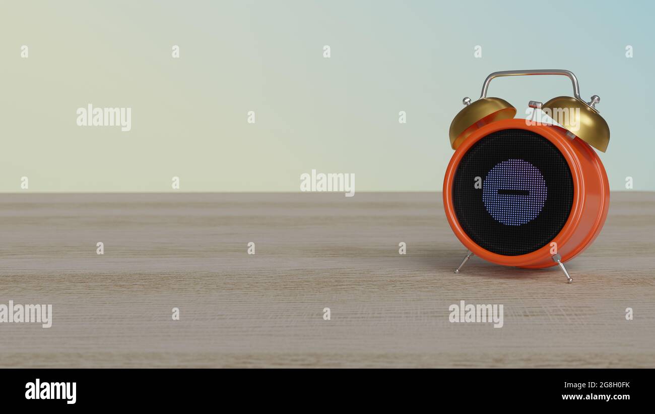 3d rendering of color alarm clock with symbol of bold minus symbol in ...