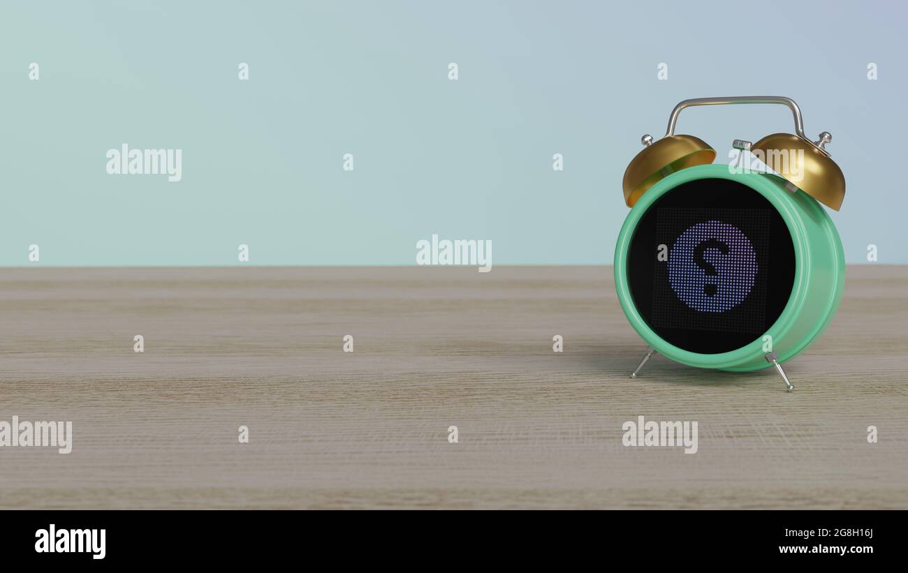 3d rendering of color alarm clock with symbol of question mark in