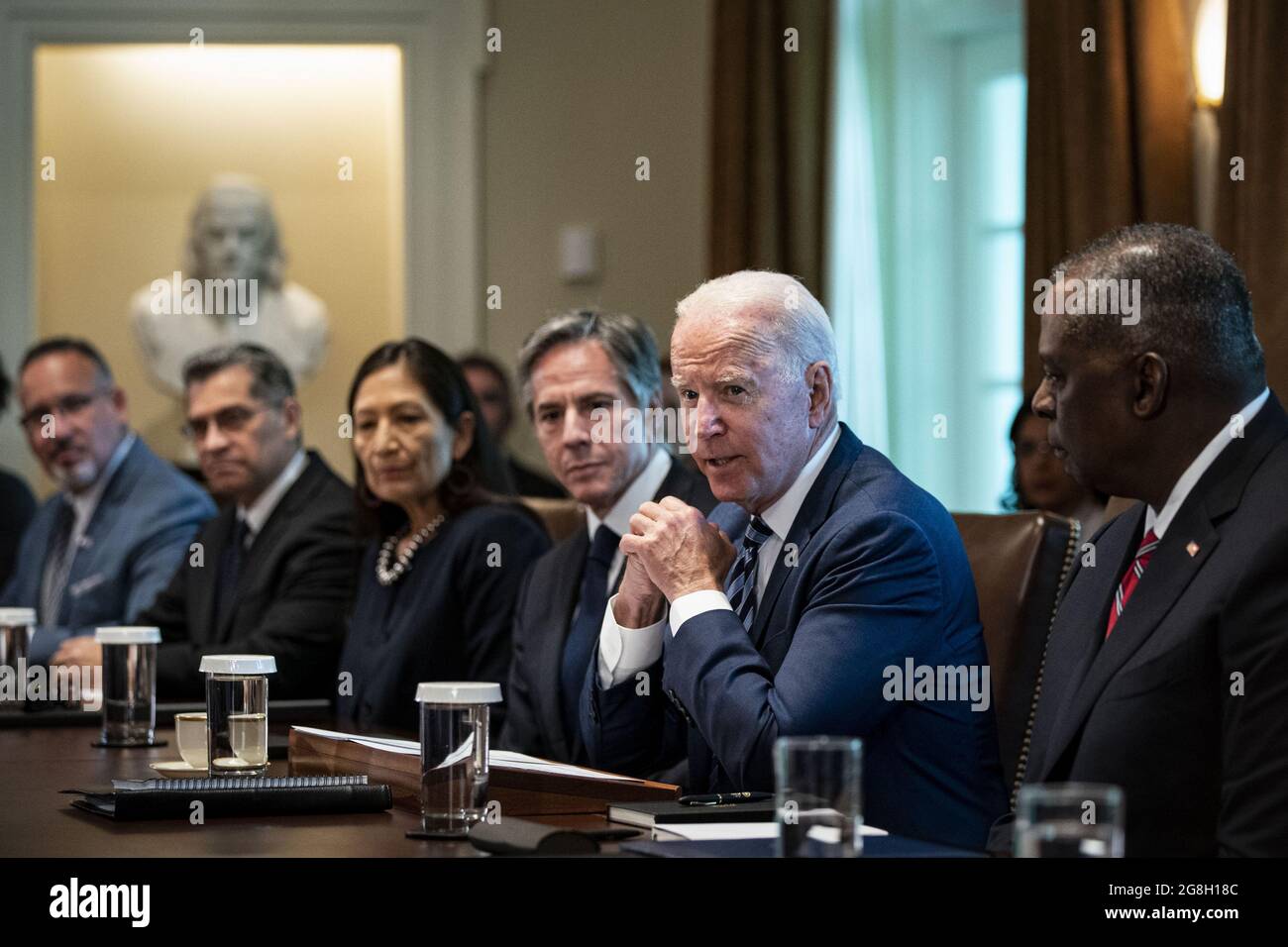 Washington, United States. 20th July, 2021. U.S. President Joe Biden speaks during a cabinet meeting at the White House in Washington, DC, U.S., on Tuesday, July 20, 2021. Biden administration officials say they're starting to see signs of relief for the global semiconductor supply shortage, including commitments from manufacturers to make more automotive-grade chips for car companies. Photo by Al Drago/UPI Credit: UPI/Alamy Live News Stock Photo