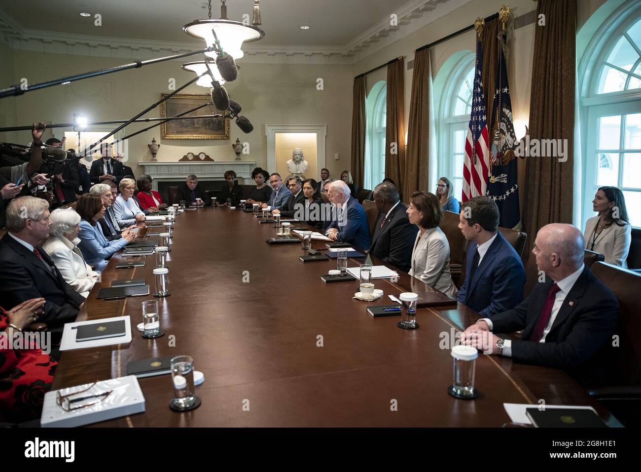 Washington, United States. 20th July, 2021. U.S. President Joe Biden speaks during a cabinet meeting at the White House in Washington, DC, U.S., on Tuesday, July 20, 2021. Biden administration officials say they're starting to see signs of relief for the global semiconductor supply shortage, including commitments from manufacturers to make more automotive-grade chips for car companies. Photo by Al Drago/UPI Credit: UPI/Alamy Live News Stock Photo