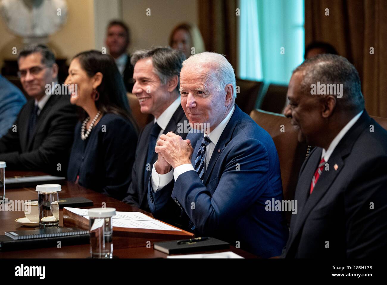 Washington, USA. 20th July, 2021. U.S. President Joe Biden pauses before speaking during a cabinet meeting at the White House in Washington, DC, U.S., on Tuesday, July 20, 2021. Biden administration officials say they're starting to see signs of relief for the global semiconductor supply shortage, including commitments from manufacturers to make more automotive-grade chips for car companies. Photographer: Al Drago/Pool/Sipa USA Credit: Sipa USA/Alamy Live News Stock Photo