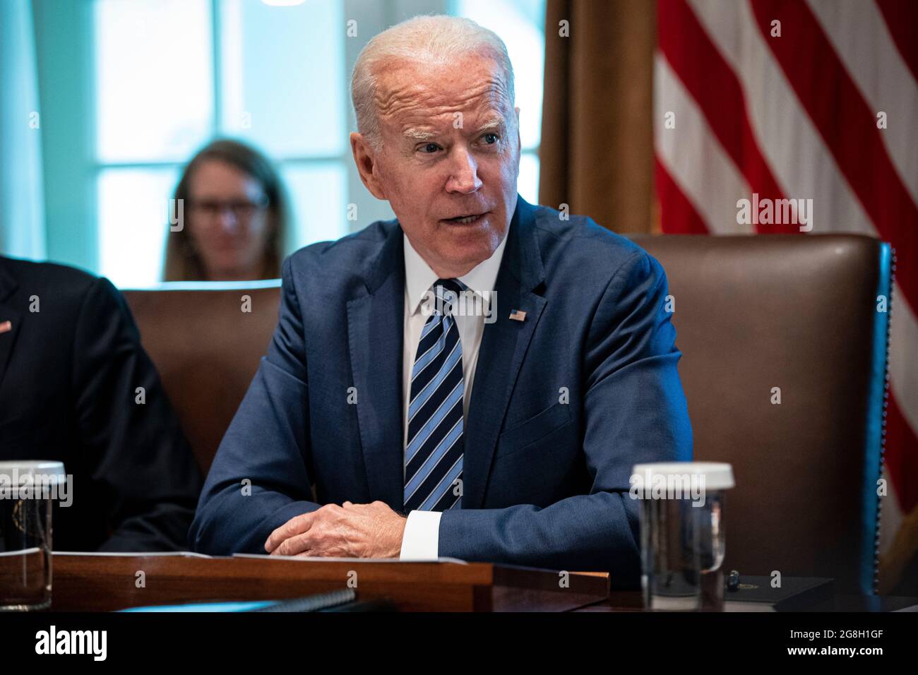 Washington, USA. 20th July, 2021. U.S. President Joe Biden speaks during a cabinet meeting at the White House in Washington, DC, U.S., on Tuesday, July 20, 2021. Biden administration officials say they're starting to see signs of relief for the global semiconductor supply shortage, including commitments from manufacturers to make more automotive-grade chips for car companies. Photographer: Al Drago/Pool/Sipa USA Credit: Sipa USA/Alamy Live News Stock Photo