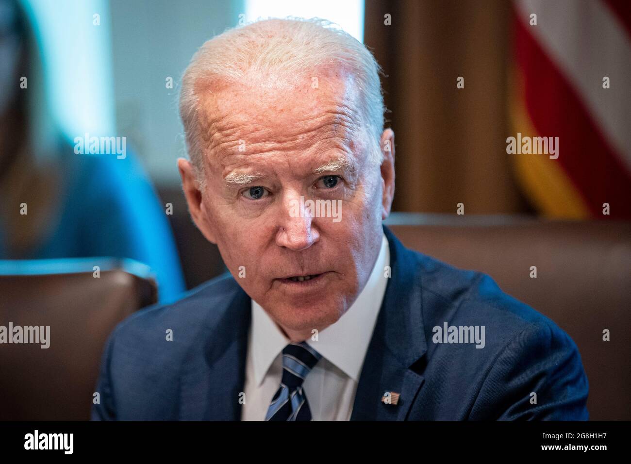 Washington, USA. 20th July, 2021. U.S. President Joe Biden speaks during a cabinet meeting at the White House in Washington, DC, U.S., on Tuesday, July 20, 2021. Biden administration officials say they're starting to see signs of relief for the global semiconductor supply shortage, including commitments from manufacturers to make more automotive-grade chips for car companies. Photographer: Al Drago/Pool/Sipa USA Credit: Sipa USA/Alamy Live News Stock Photo