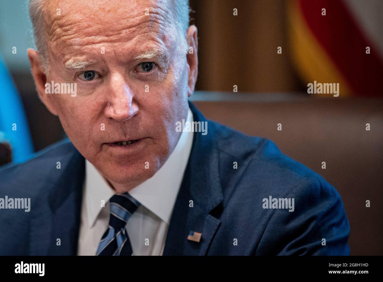 Washington, USA. 20th July, 2021. U.S. President Joe Biden speaks during a cabinet meeting at the White House in Washington, DC, U.S., on Tuesday, July 20, 2021. Biden administration officials say they're starting to see signs of relief for the global semiconductor supply shortage, including commitments from manufacturers to make more automotive-grade chips for car companies. Photographer: Al Drago/Pool/Sipa USA Credit: Sipa USA/Alamy Live News Stock Photo