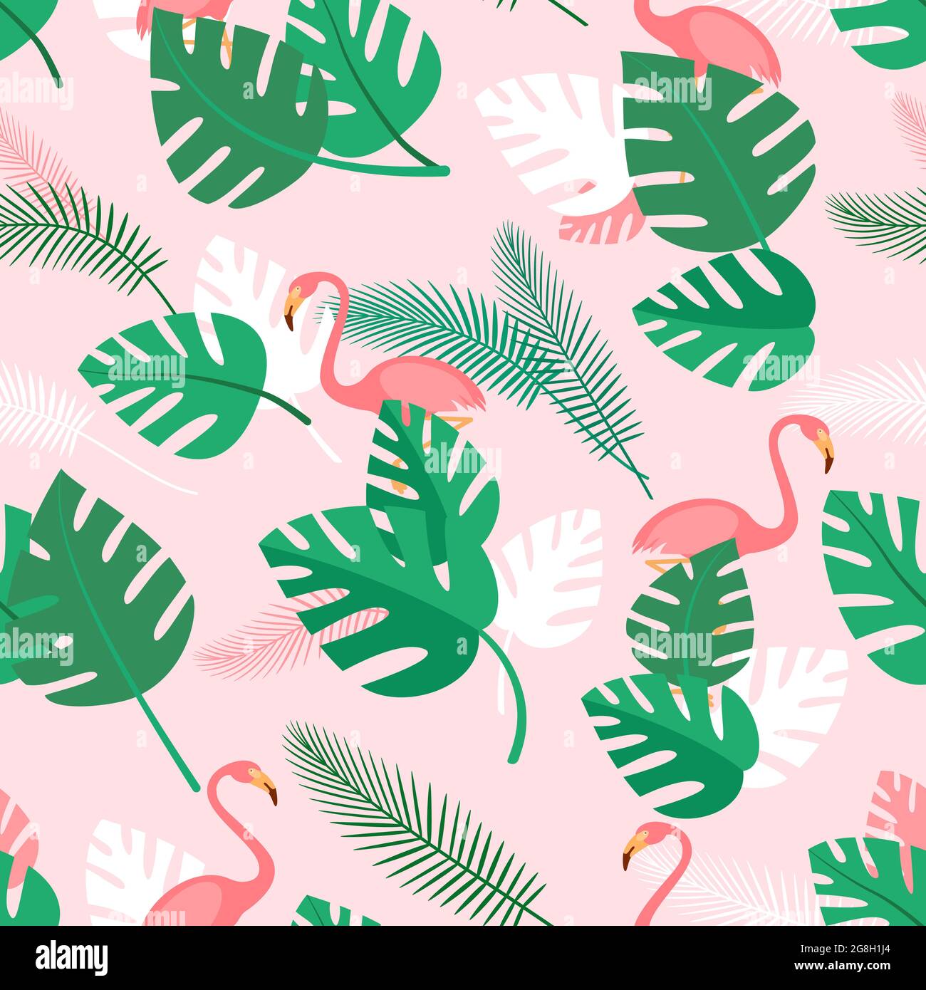 Seamless pattern with tropical plants and pink flamingos. Summer background with green palm leaves. Simple wallpaper, vector Stock Vector