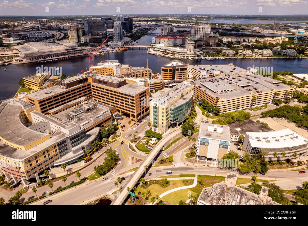 Tampa, FL, USA - July 16, 2021: Aerial photo Tampa General Hospital