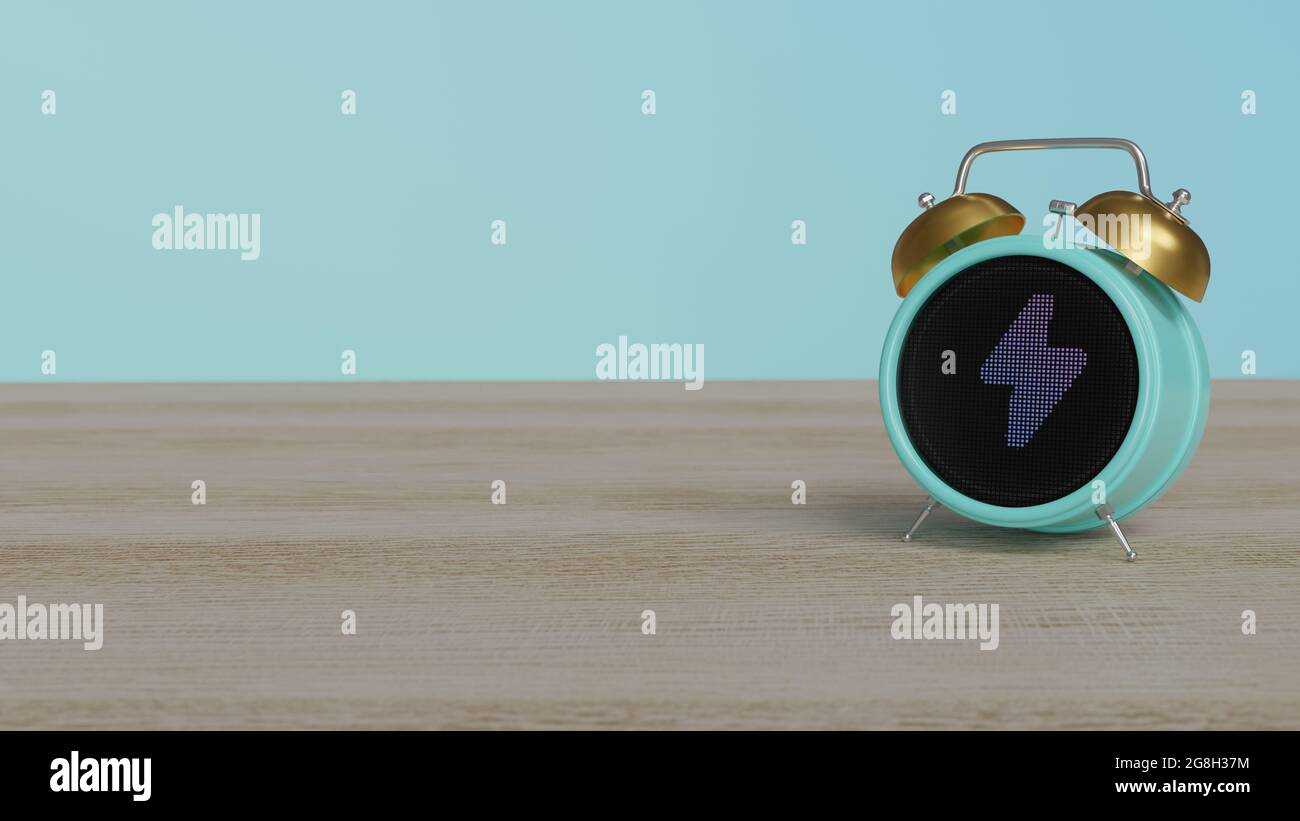 3d rendering of color alarm clock with symbol of flash camera on dot
