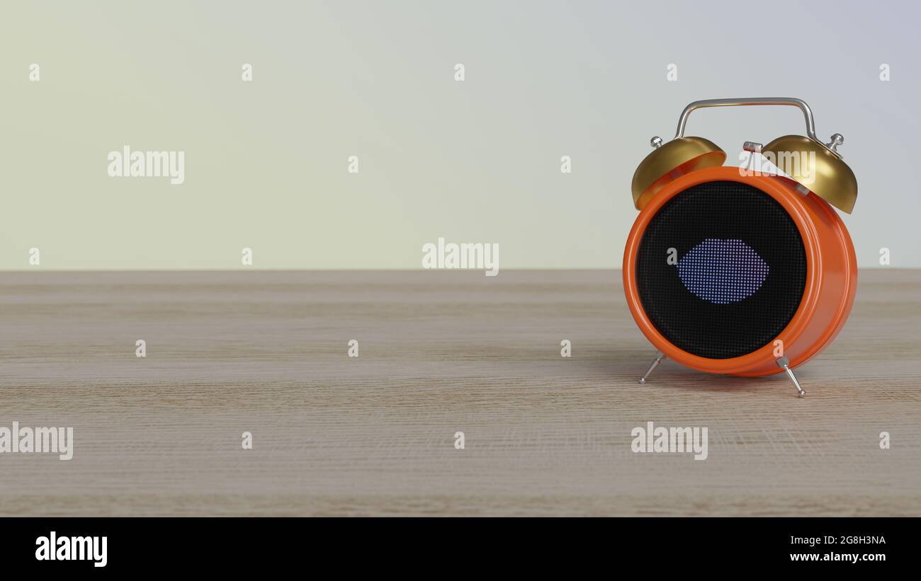 3d rendering of color alarm clock with symbol of lips for kiss on dot