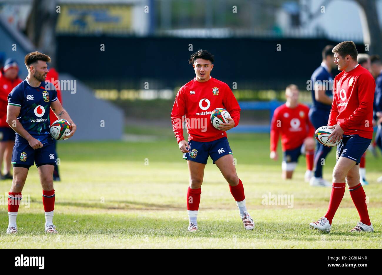 Ali Price with Marcus Smith and Owen Farrell of the British & Irish Lions during the training session at the Hermanus High School, South Africa. Picture date: Tuesday July 20, 2021. Stock Photo