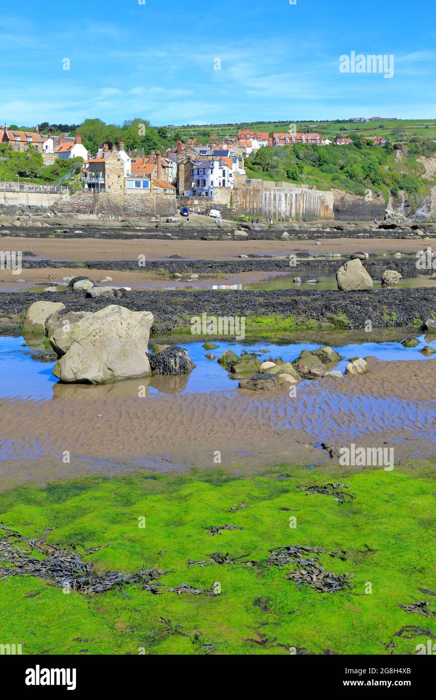 Robin Hoods Bay from the foreshore at low tide, North Yorkshire, North Yorks Moors National Park, England, UK. Stock Photo