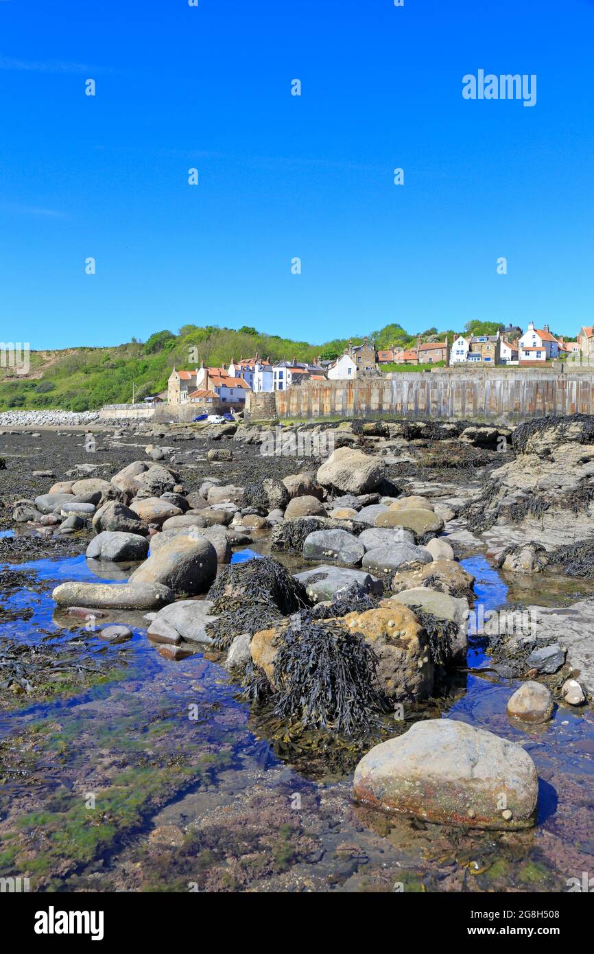 Robin Hoods Bay from the foreshore at low tide, North Yorkshire, North Yorks Moors National Park, England, UK. Stock Photo