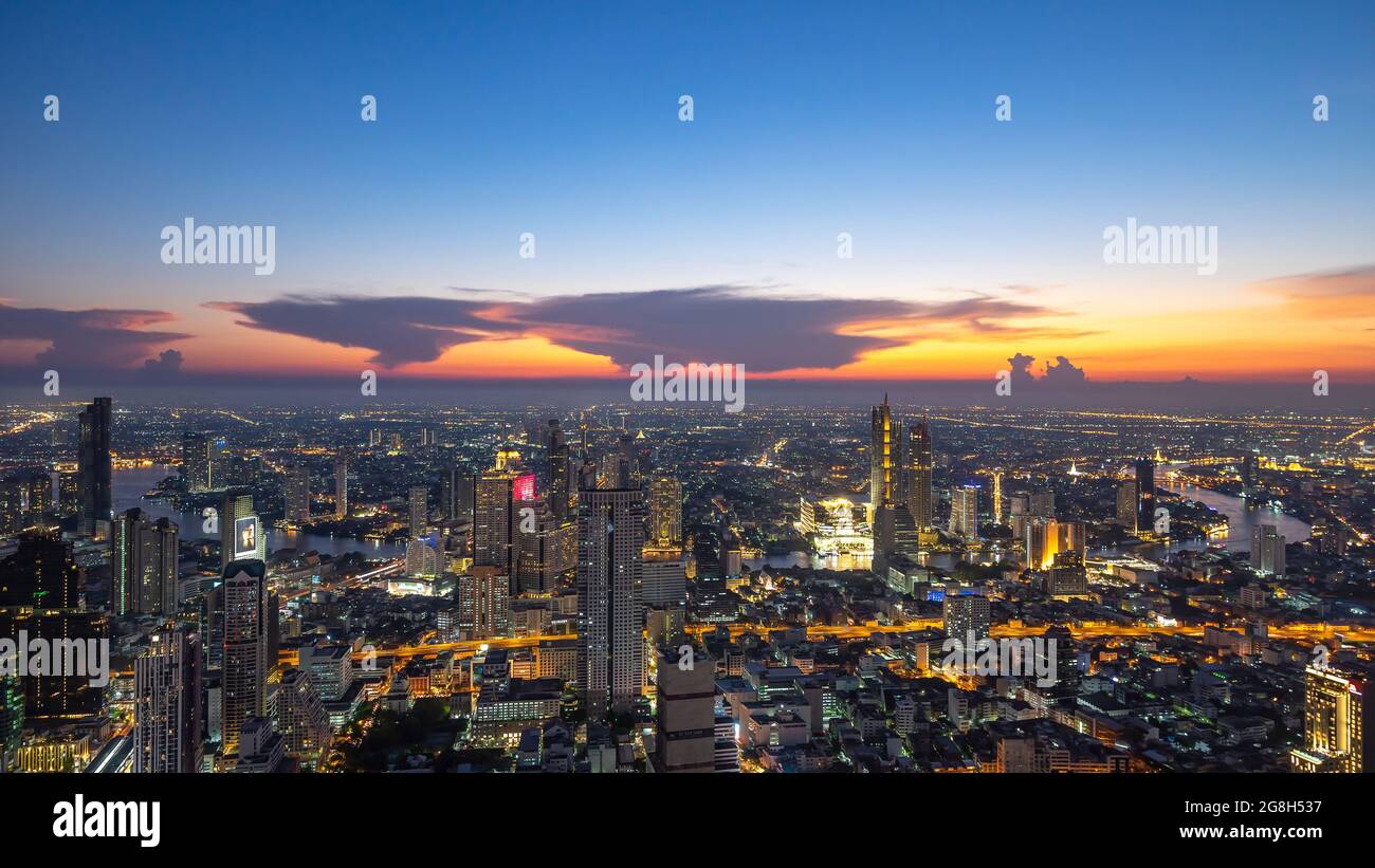 Night panorama of the Metropolis Bangkok City downtown cityscape urban skyline tower Thailand on April 2019 - City scape Bangkok city panoramic Thaila Stock Photo