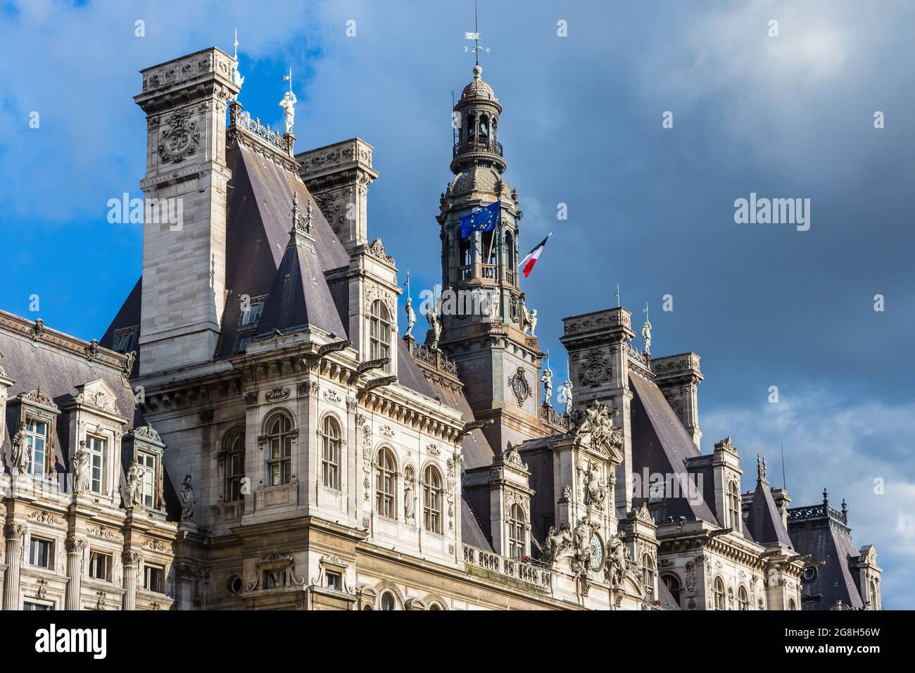 Roof, chimney and window details of 16/19th century Paris Hotel de Ville / city hall - Paris, France. Stock Photo