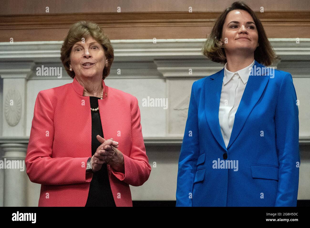 Washington, United States. 20th July, 2021. Sen. Jeanne Shaheen D-NH, left, speaks with Belarus opposition leader Sviatlana Tsikhanouskaya, right, in the Mansfield Room of the U.S. Capitol in Washington, DC on Tuesday, July 20, 2021. Photo by Ken Cedeno/UPI Credit: UPI/Alamy Live News Stock Photo