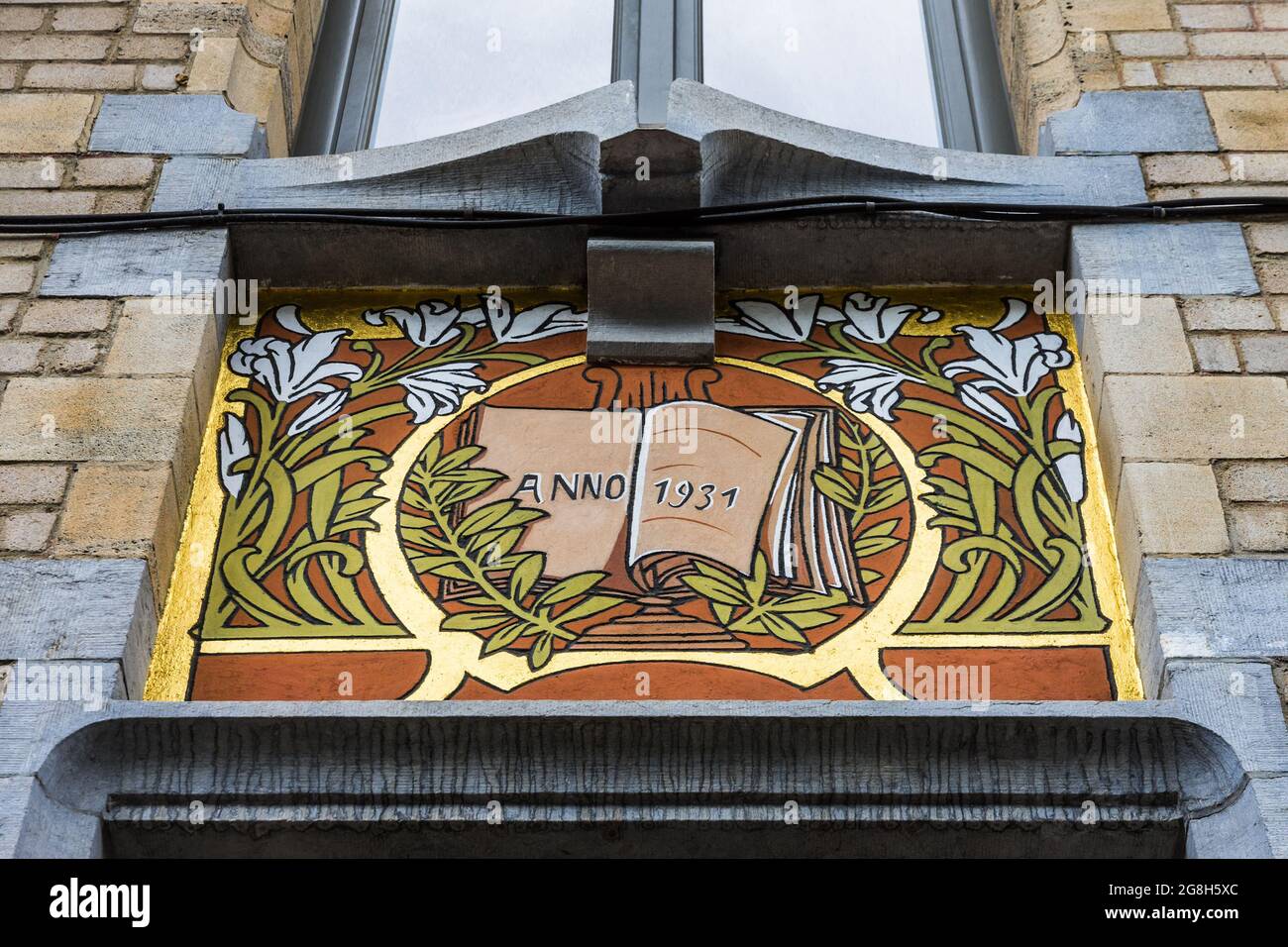 Painted Art Nouveau decorative frieze on house on Avenue Von Volxem, Forest district, Brussels, Belgium. Stock Photo