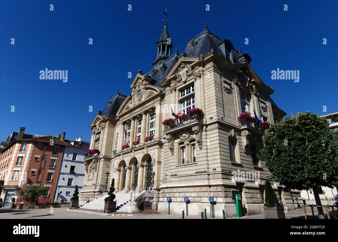 Suresnes town hall . It is municipality of the department Hauts-de-Seine in the region Ile-de-France. Stock Photo