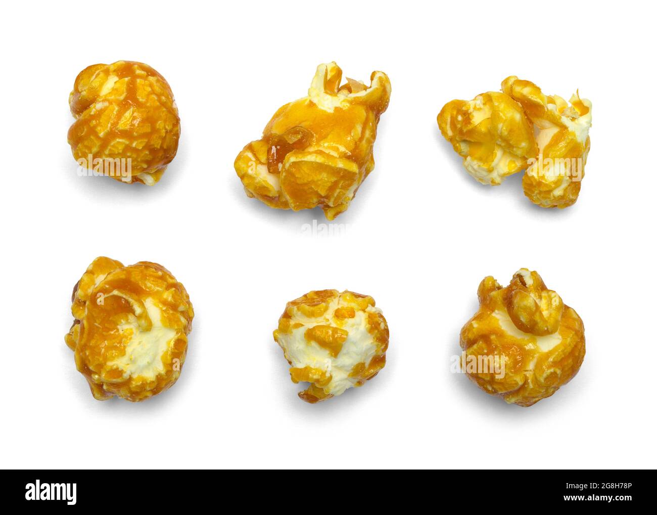 Pieces of Caramel Corn Cut Out on White. Stock Photo