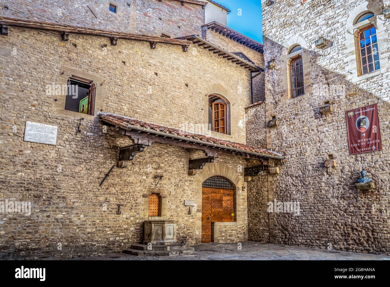 House museum of Italian poet Dante Alighieri, built in the 19th century where once he had his original house, Florence, Tuscany region, Italy Stock Photo