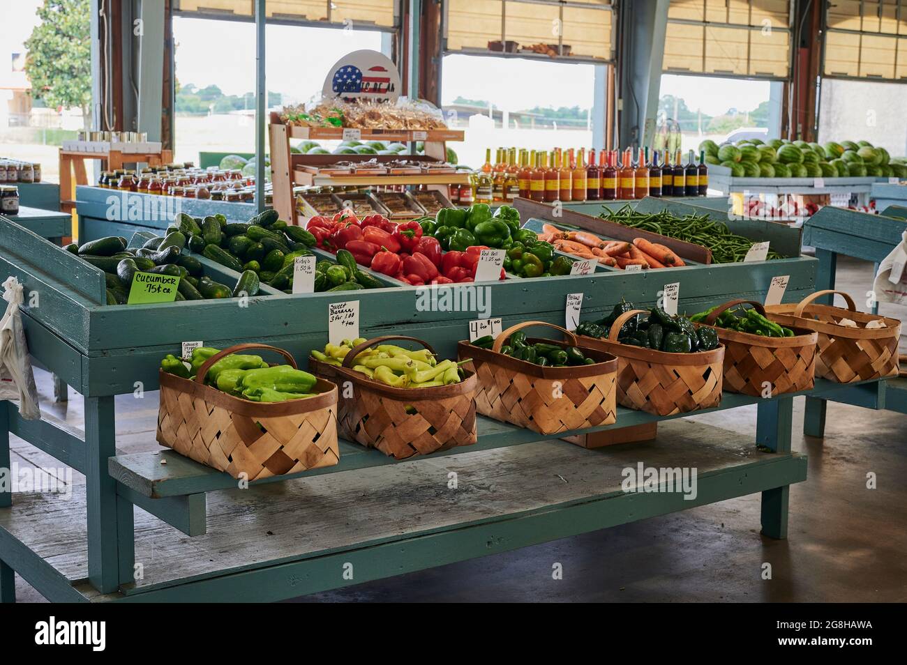 Fresh fruits, vegetables and produce on sale at a local farmers or farm market, in Montgomery, Alabama, USA. Stock Photo