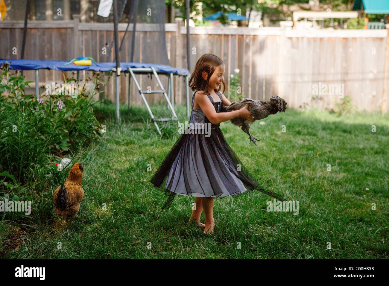 A little laughing girl holds a chicken and twirls in backyard garden Stock Photo