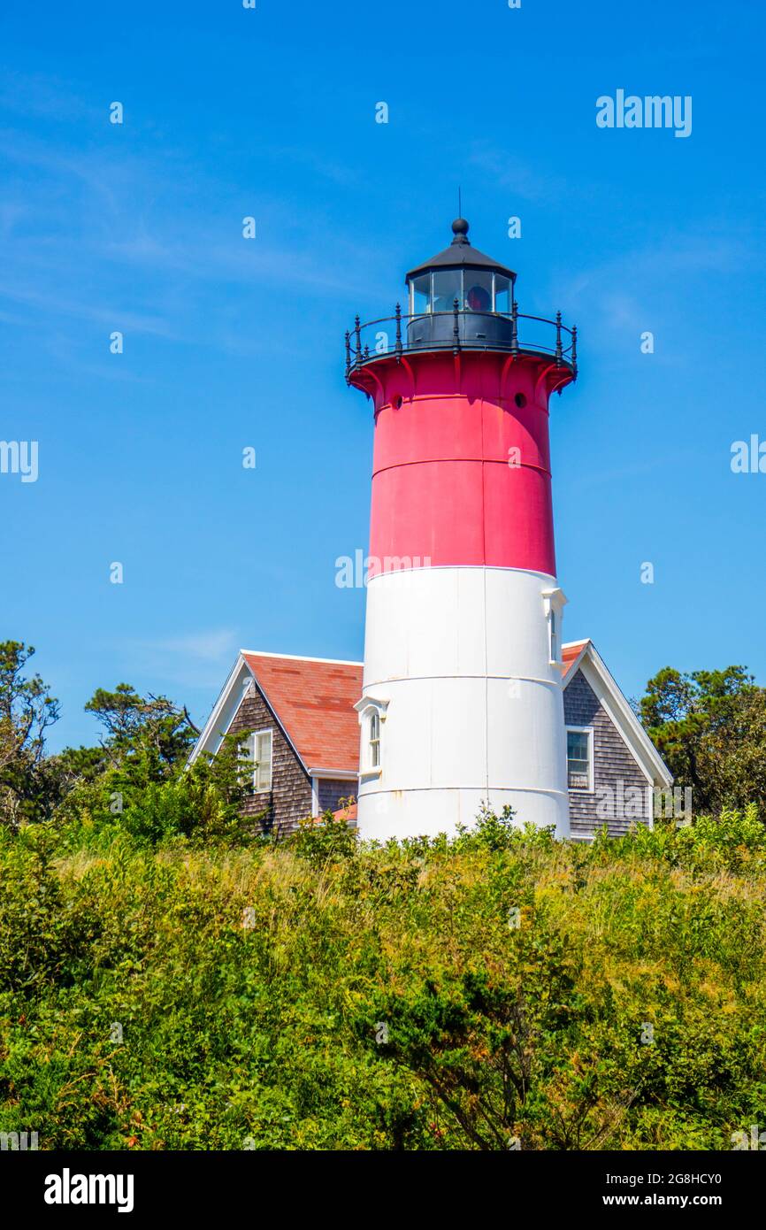 A restored lighthouse on the Cape Cod National Seashore near Eastham Stock Photo