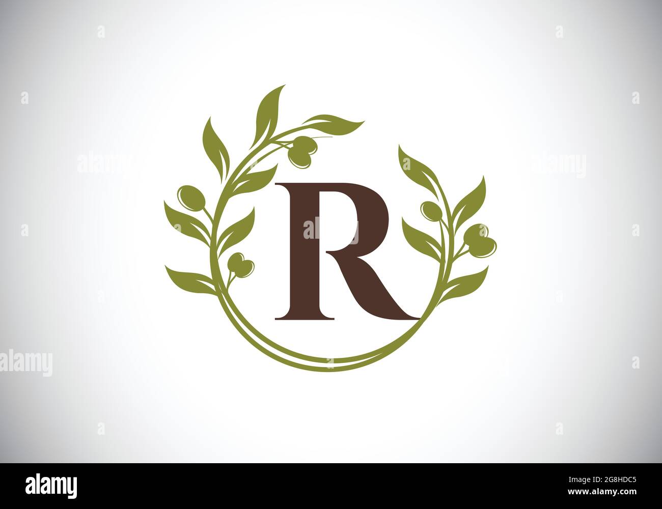 Initial letter R sign symbol with olive branch wreath. Round floral