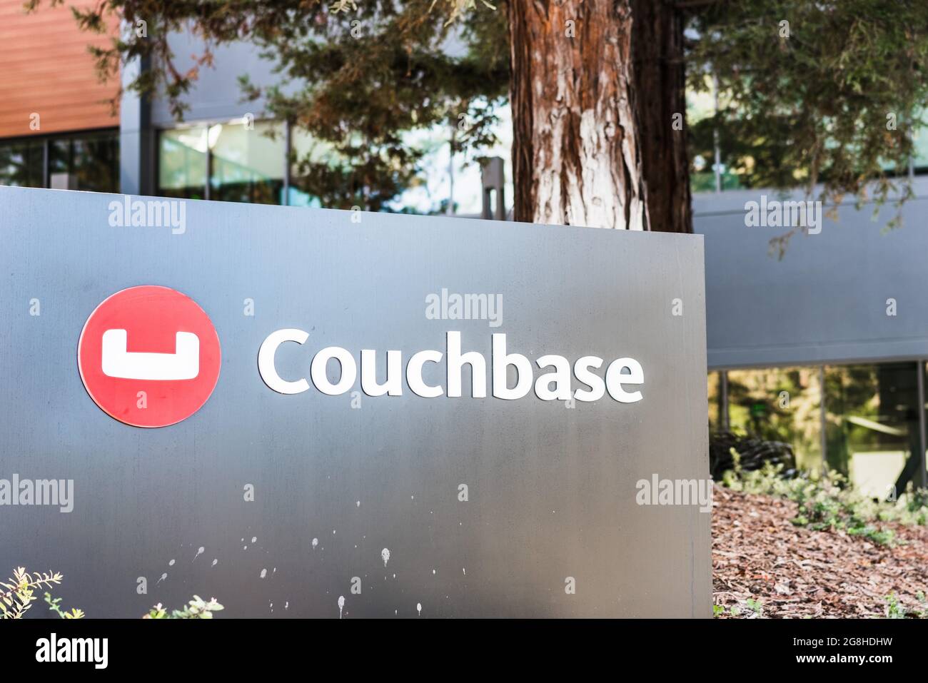 Sep 24, 2020 Santa Clara / CA / USA - Couchbase logo at their headquarters in Silicon Valley; Couchbase Inc offers cloud database for business applica Stock Photo