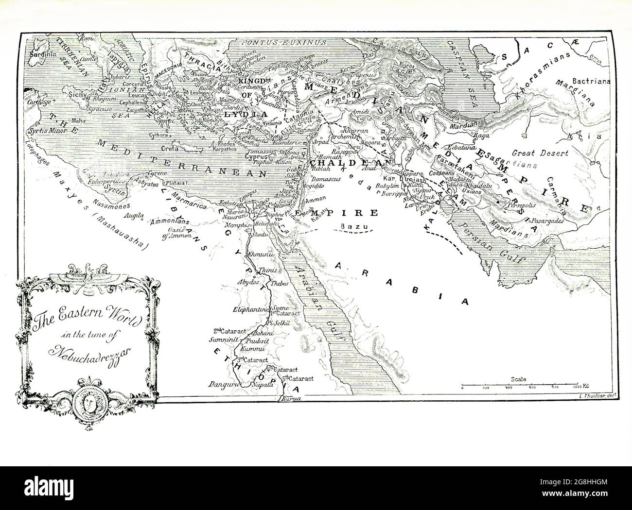 This 1903 illustration shows a map of the eastern world in the time of Nebuchadrezzar. Nebuchadnezzar was king of Babylon 605-562 B.C. He determined to make his capital city of Babylon the finest in the world. He is known for the area of his palace in Babylon  that  came to be known as the Hanging Gardens and was considered one of the seven ancient wonders of the world. Scholars differ on their size, but archaeological excavations do attest to some type of grandiose structure. Stock Photo