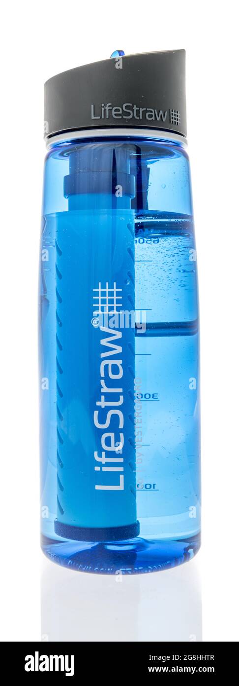 Winneconne, WI -20 July 2021:  A water bottle with filter by Lifestraw on an isolated background Stock Photo