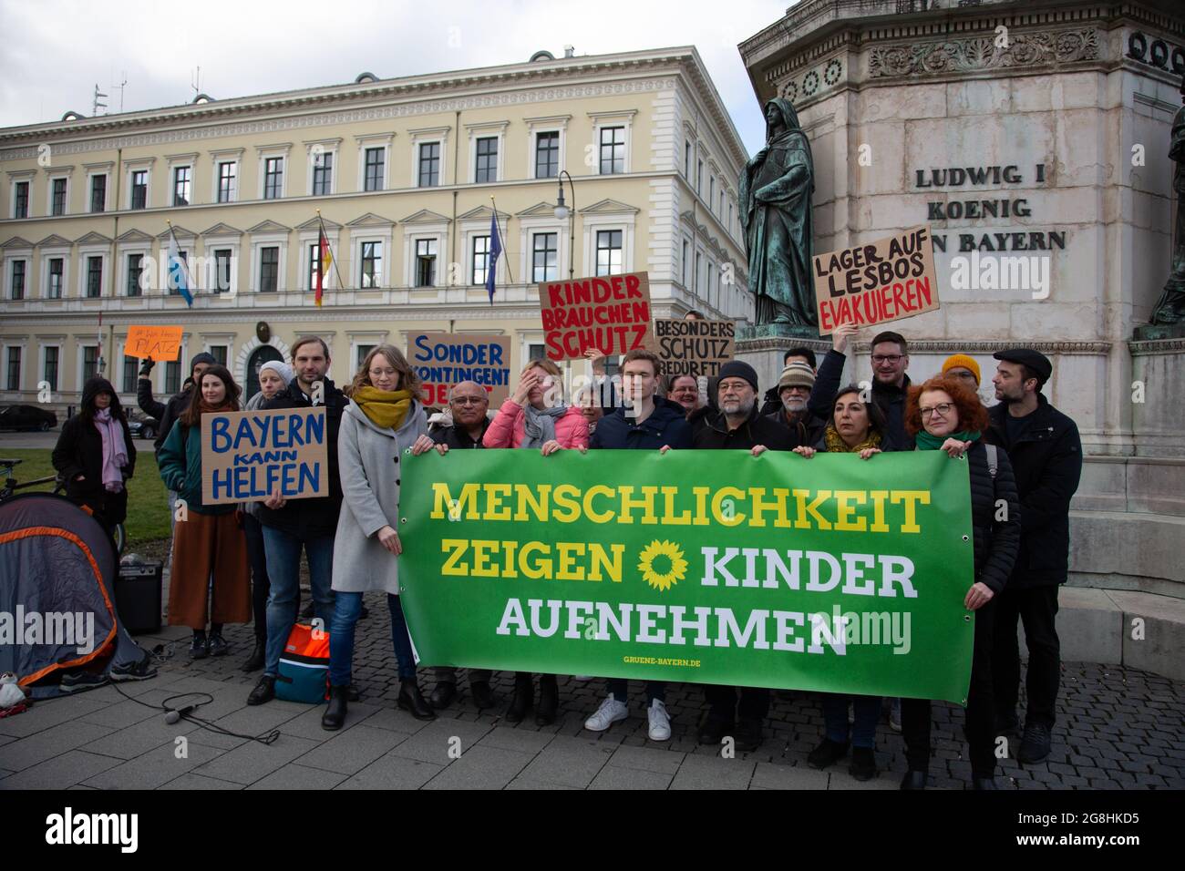 Munich, Germany. 18th Feb, 2020. L-R: Eva Lettenbauer, Katharina Schulze,  Florian Siekmann, Eike Hallitzky, Guelseren Demirel, Margarete Bause. The  Green Party of Bavaria held a protest in front of the Bavarian Ministry