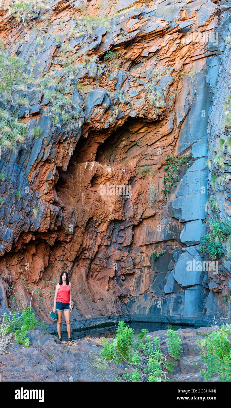 A female bush walker stands by the pool admiring the dry but impressive vertical rock wall of the Perentie falls on Cheela Station, Western Australia. Stock Photo