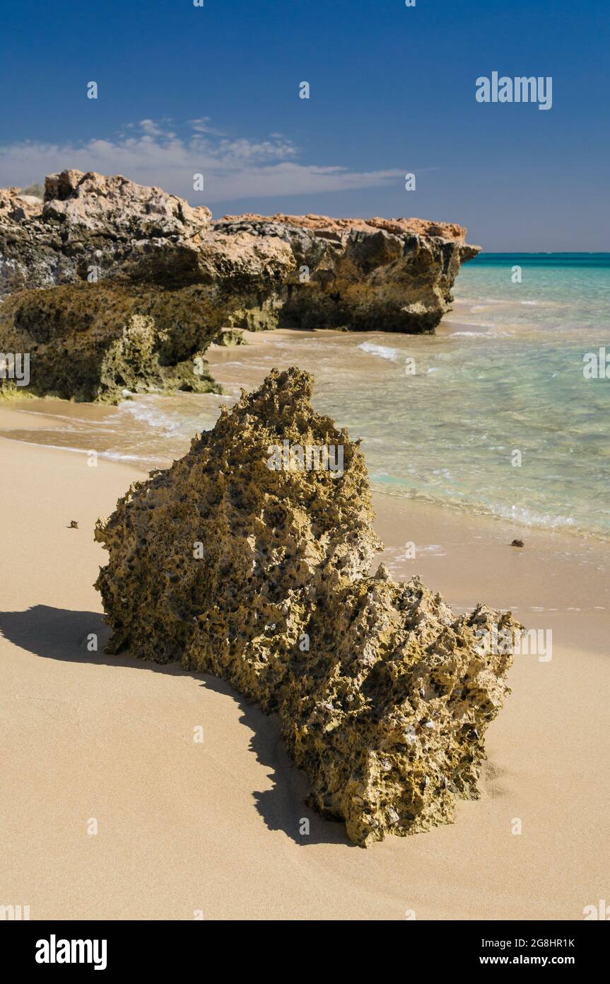 A view  of the exposed coral reef on a sandy beach on Osprey Bay in the Cape Range National Park in Western Australia. Stock Photo