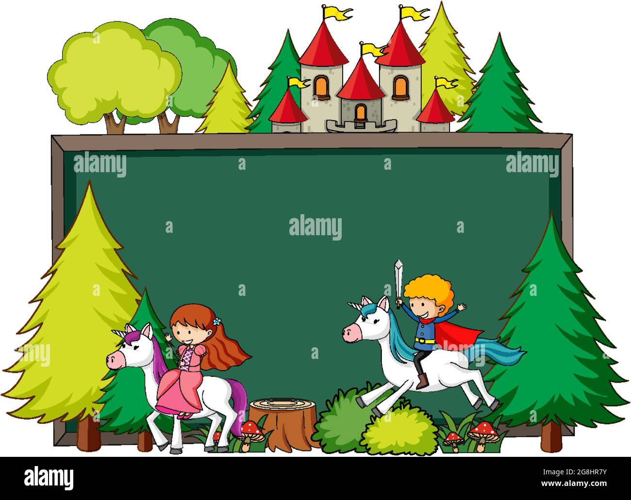 Empty chalkboard banner with fairy tale cartoon character and elements ...